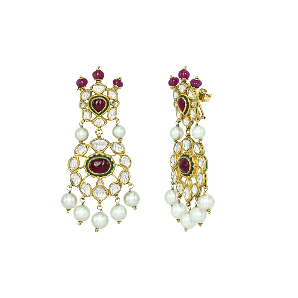 Polki Choker Set with Ruby Cabochons, Pearl Drops, and Pendant